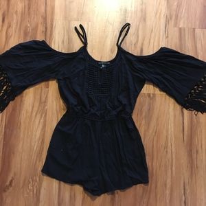Forever 21 Black Fringe Cold-Shoulder Romper